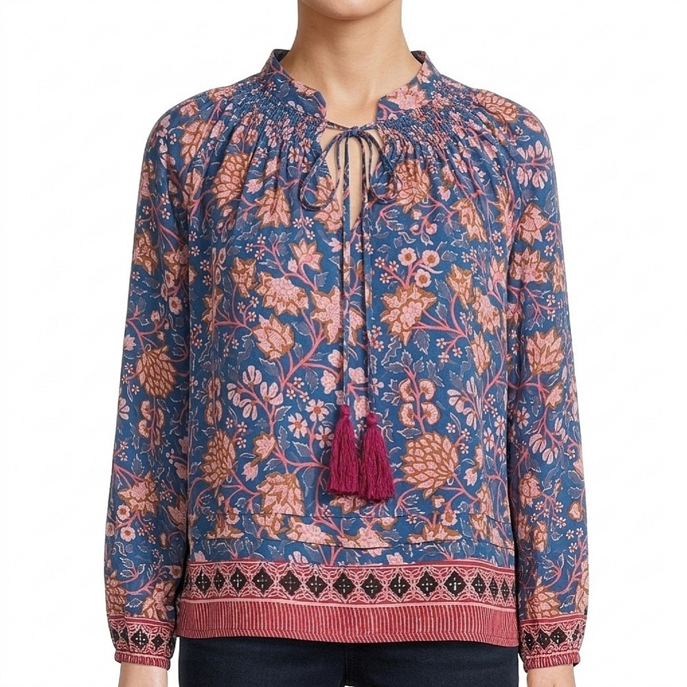 Nat By Natalie Martin Blue Floral Tassel Tie Boho Peasant Blouse Size XS